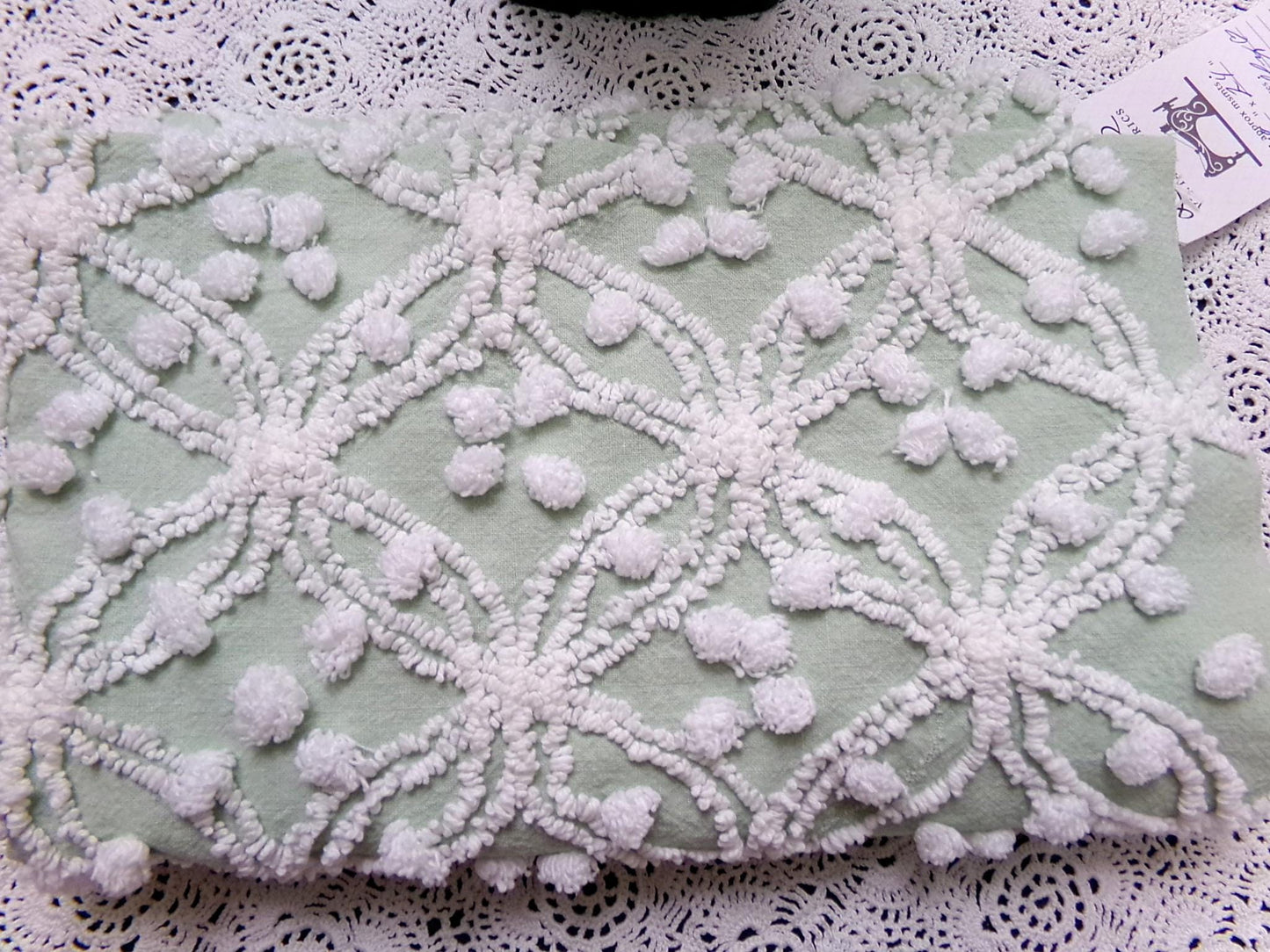 Vintage Sage Green Chenille Bedspread Fabric, Shabby Wedding Ring Pop 18x24" Quilting Material