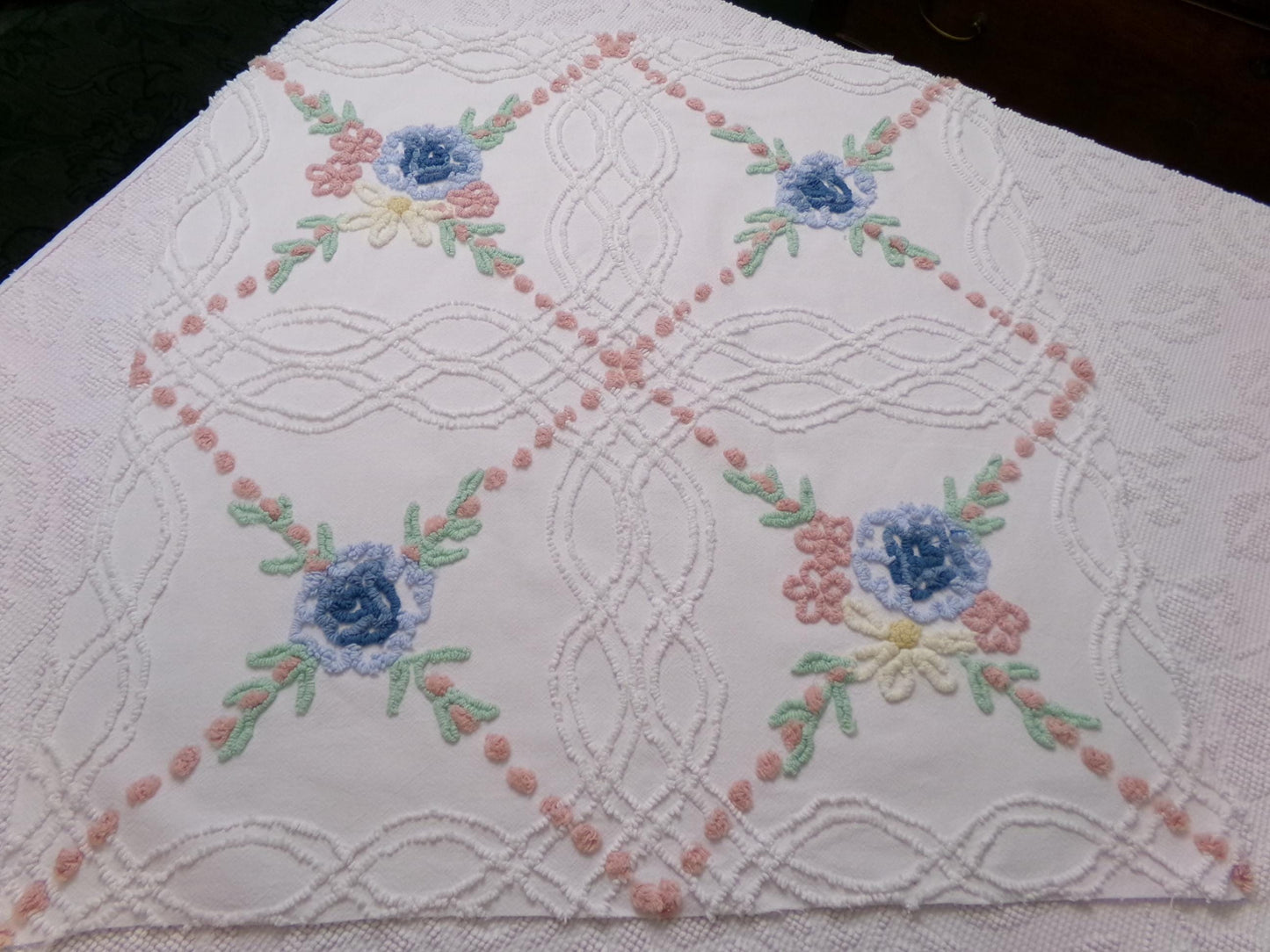 Autumn Wildflower Vintage Chenille Bedspread Fabric, Floral Quilt Material, 25" x 24" piece