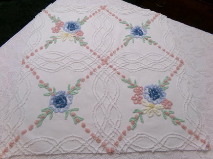 Autumn Wildflower Vintage Chenille Bedspread Fabric, Floral Quilt Material, 25" x 24" piece