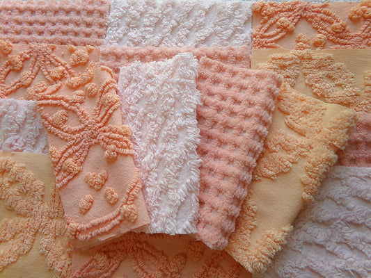 bliss peach chenille fabric squares, set of 16 vintage craft quilt blocks 6" inches, geometric designs for quilt inlays, pillows, fiber arts
