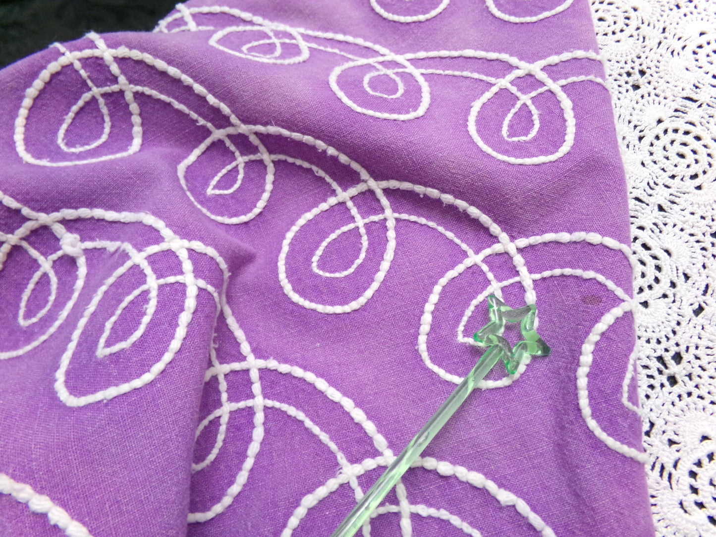 Shabby Purple & White Vintage Chenille Fabric 18 x 20" Curlicue Geometric Boho Quilt Sewing Material