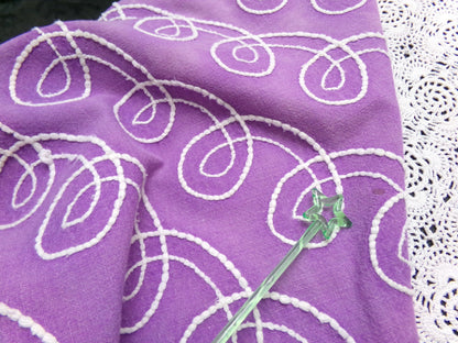 Shabby Purple & White Vintage Chenille Fabric 18 x 20" Curlicue Geometric Boho Quilt Sewing Material