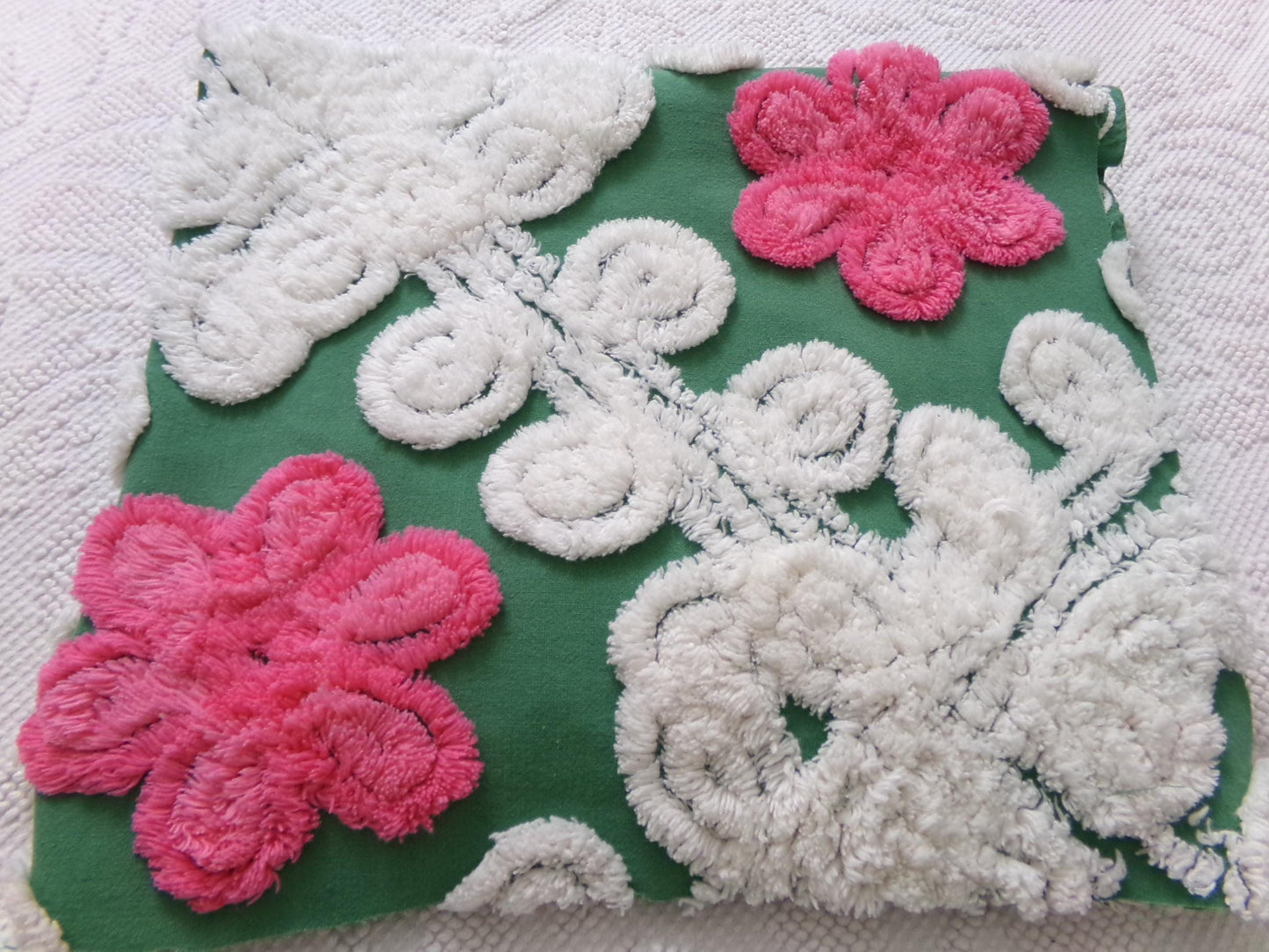 Vintage Chenille Bedspread Fabric, evergreen pink rose white swirl sewing craft quilt material, 20" x 24" piece