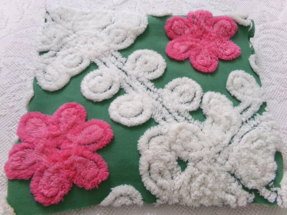Vintage Chenille Bedspread Fabric, evergreen pink rose white swirl sewing craft quilt material, 20" x 24" piece