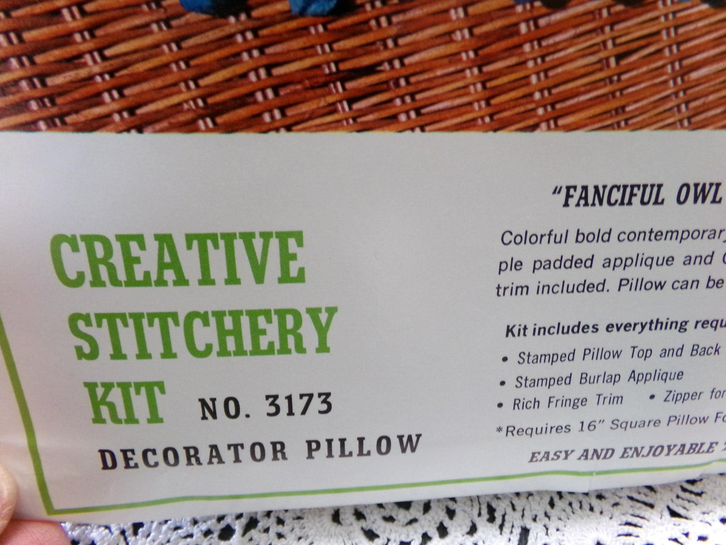 FANCIFUL OWL Pillow Crewel Embroidery Kit, Boho Vintage Bucilla Needlecraft 3173