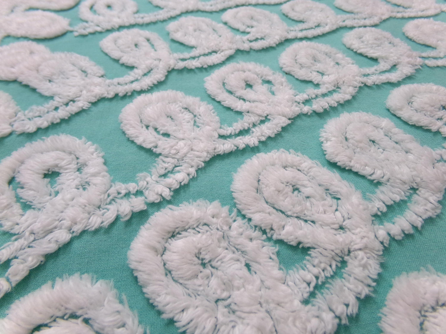 Soothing White Curly Loops Jade Vintage Chenille Bedspread Fabric 15" x 19" Piece