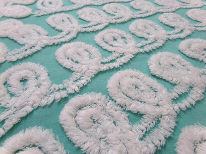 Soothing White Curly Loops Jade Vintage Chenille Bedspread Fabric 15" x 19" Piece