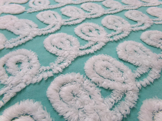 Soothing White Curly Loops Jade Vintage Chenille Bedspread Fabric 15" x 19" Piece