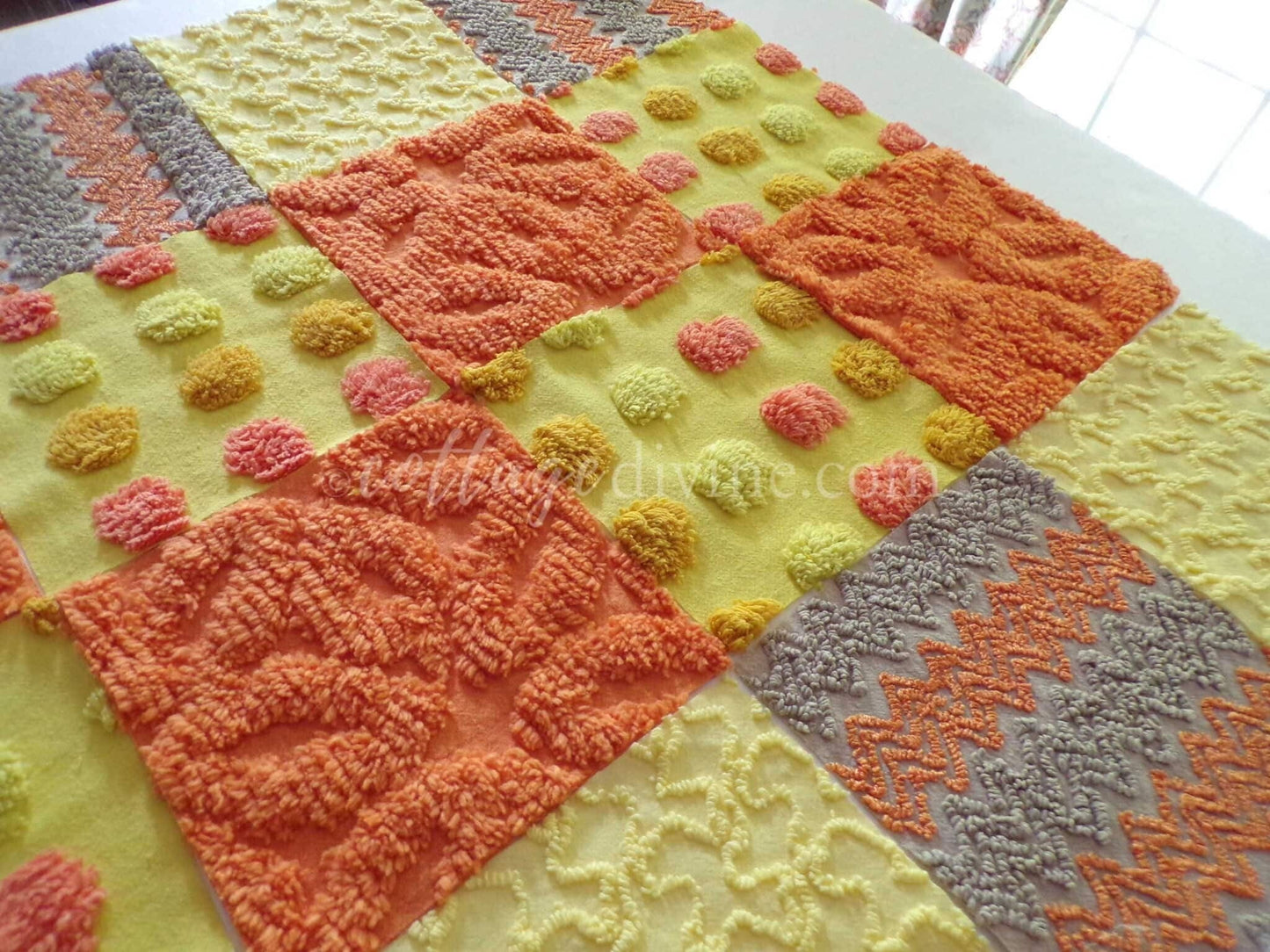 retro hippie daze chenille fabric squares, set of 16 vintage 6" x 6" inch quilt blocks for crafts, sewing, fiber arts