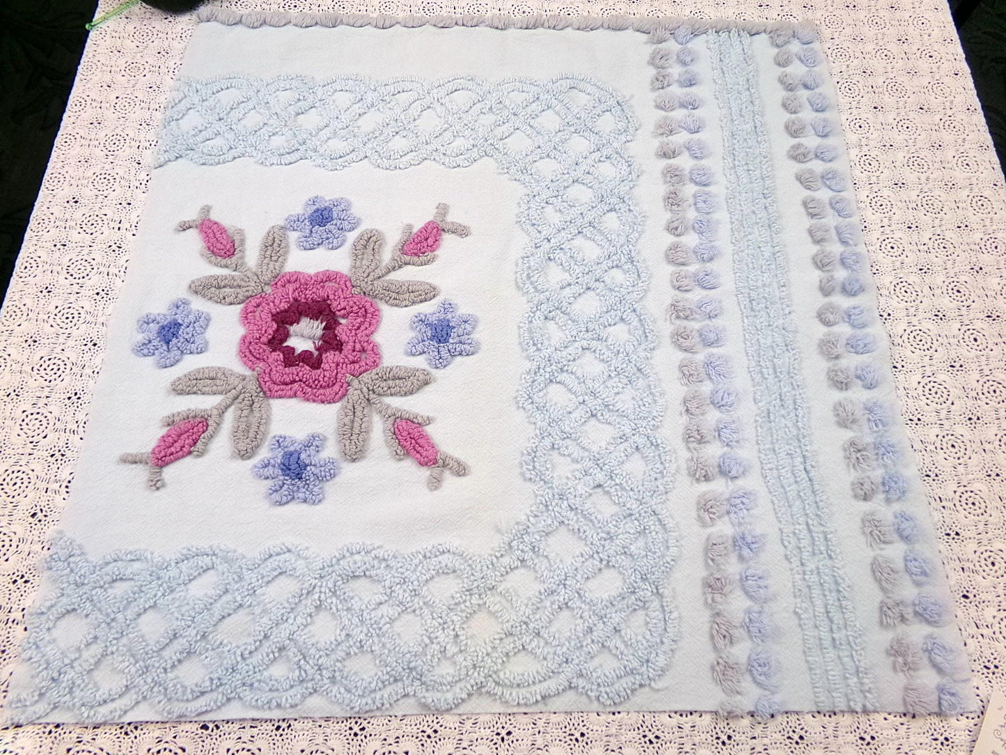 Shabby Blue Floral Vintage Chenille Bedspread Fabric, 23x23" Piece