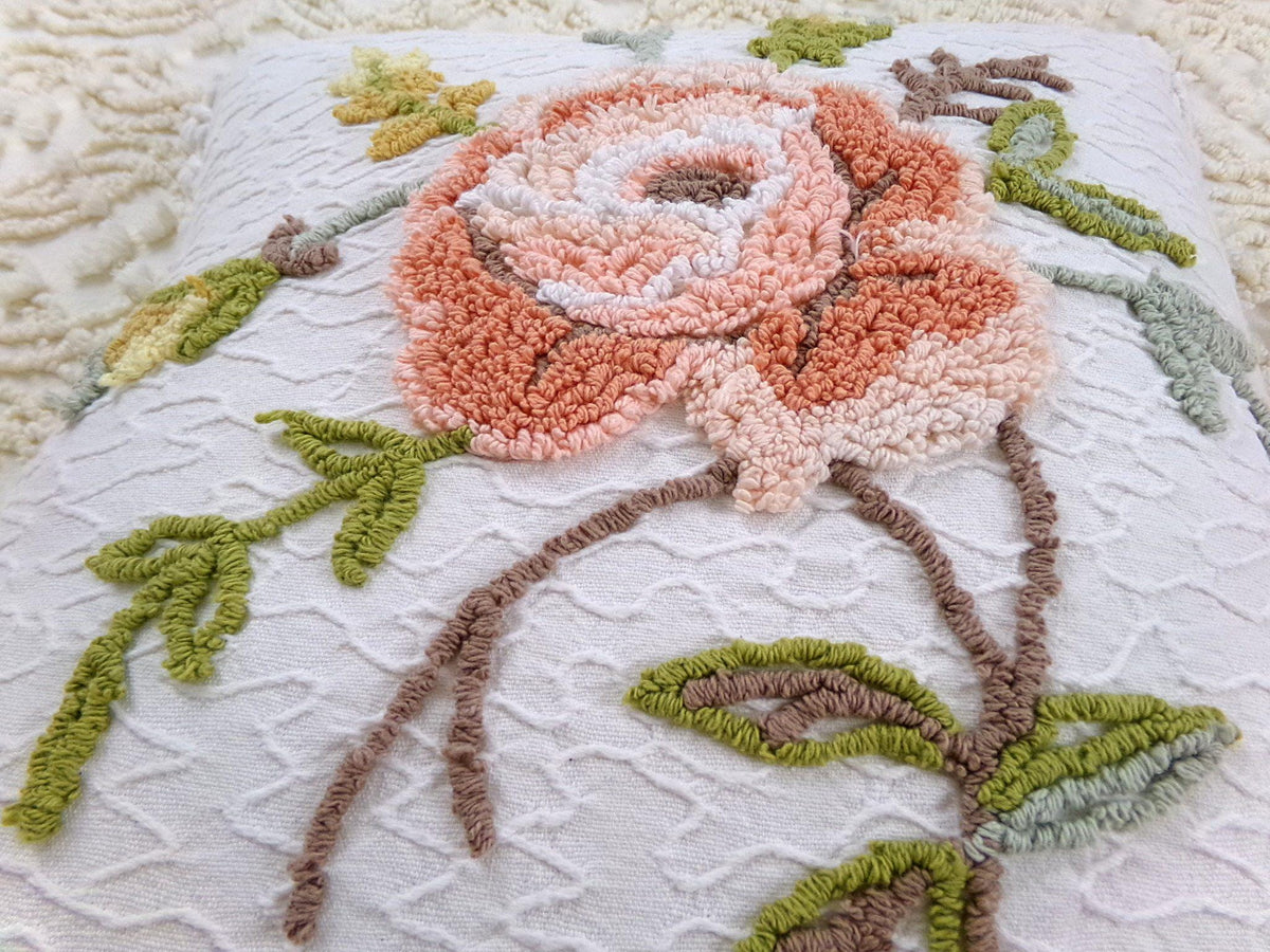 Vintage Rose Chenille Pillow Cover, Reversible Square Cottage Chic Floral Design