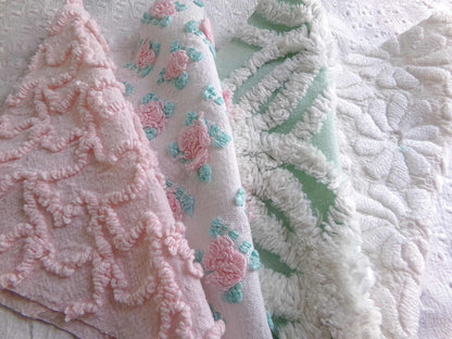 Chenille Squares Set, "Summer Bliss," 16 Vintage Fabric Quilt Blocks, 6" inch in White Daisy, Pink Rosebud, Mint Green, Squiggles