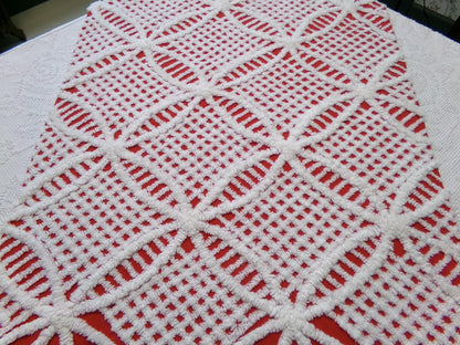 red & white vintage chenille fabric, geometric design 20" x 24" piece quilt material