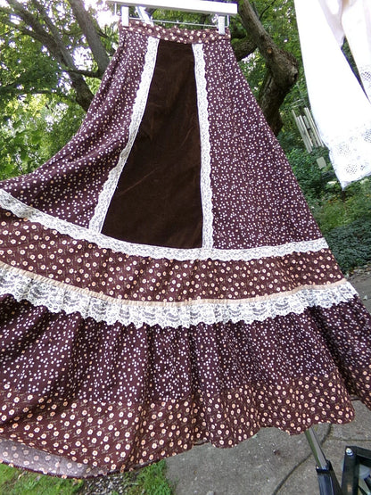 Vtg Gunne Sax Maxi Skirt Set Velvet Accent & Boho Crop Top Blouse w/ Embroidery
