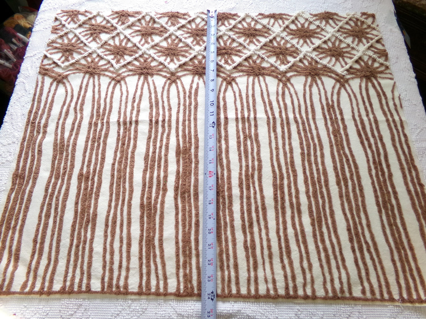 shabby cozy brown vintage chenille fabric, contrast stripe spider tuft design, 23" x 29" piece sewing & quilt material
