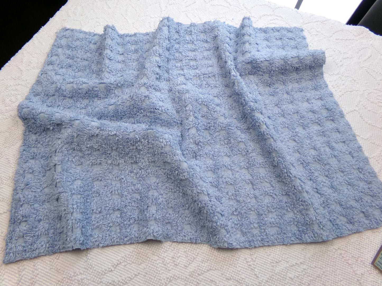 Blue Windowpane Vintage Chenille Fabric, tufted geometric square design, sewing craft quilt material, 18" x 25" piece