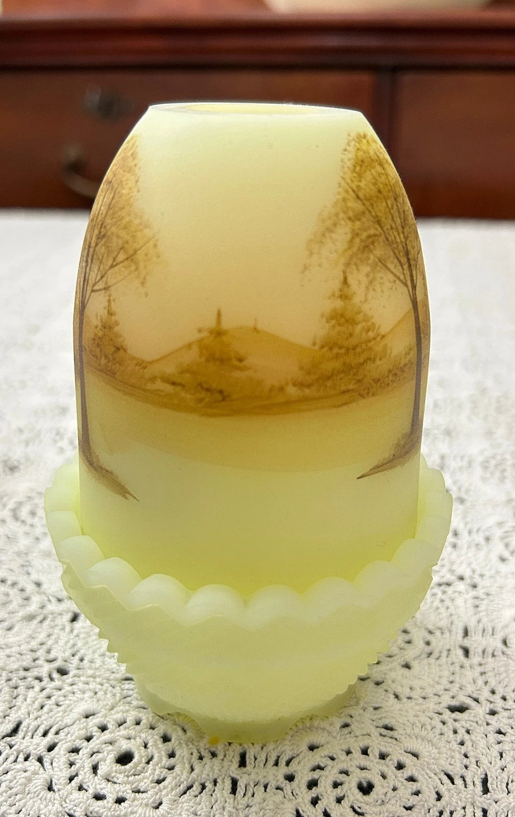 Vintage Fenton Fairy Lamp Secluded Log Cabin Country Hand Painted Artist Signed