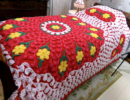 flower power vintage red hot chenille bedspread w/ hearts & daisies, full size plush cotton bedding