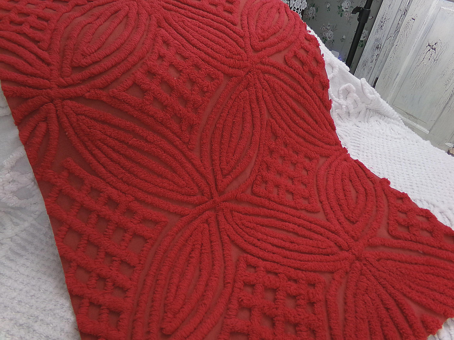 Vintage Chenille Bedspread Fabric Cherry Red Craft & Sewing Material 18" x 25"