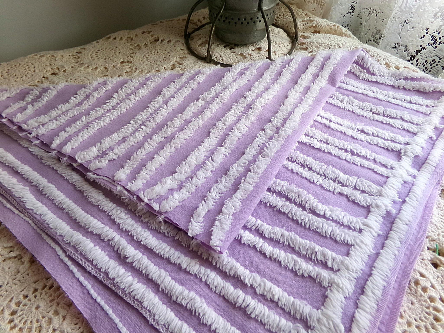 easter lilac chenille fabric, white tufted stripes on purple, 15.5" x 27" inch piece cut from vintage chenille bedspread