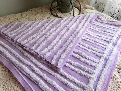 easter lilac chenille fabric, white tufted stripes on purple, 15.5" x 27" inch piece cut from vintage chenille bedspread
