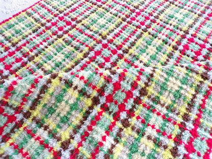 brightly colored vintage chenille fabric in retro rustic plaid design, 20" x 24" inch piece of quilt material for sewing & crafts