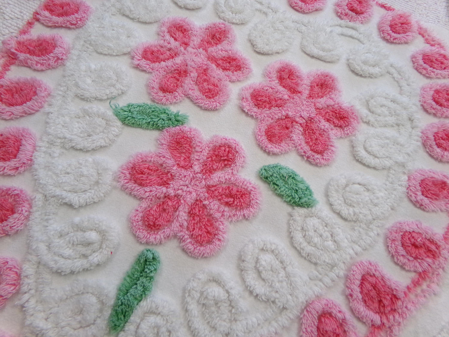 big pink heart vintage chenille fabric, popular floral center pattern, 16" x 26" piece of sewing material for quilting, crafts