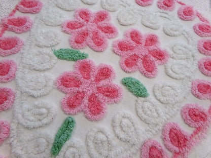 big pink heart vintage chenille fabric, popular floral center pattern, 16" x 26" piece of sewing material for quilting, crafts