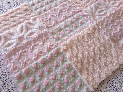 Nectar & Petal Vintage Chenille Quilt Squares Set of 16 Blocks, 6" inch ea in pretty daisies, pink rosebuds, peach lattice