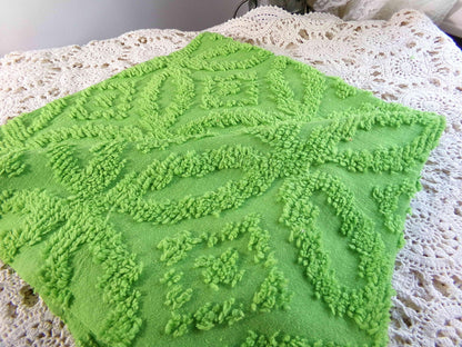 Vintage Neon Green Chenille Fabric Piece Lightweight Lime Cotton 22x24"