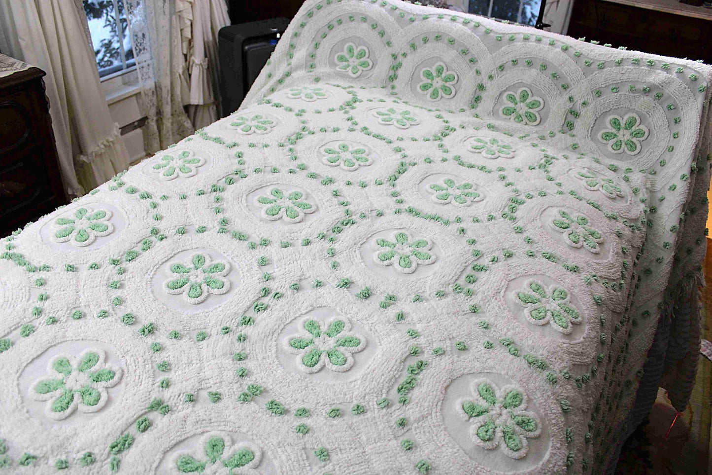 Twin Vintage Chenille Bedspread, Lucky Shamrock Green Flower Circles on White Coverlet