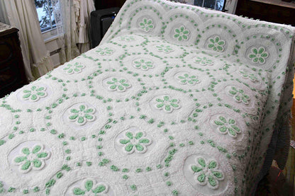 Twin Vintage Chenille Bedspread, Lucky Shamrock Green Flower Circles on White Coverlet