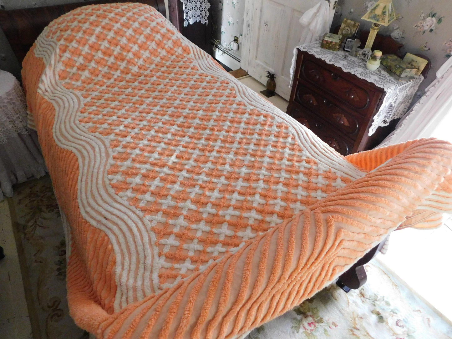 Peach Creamsicle Vintage Chenille Bedspread, 100% Plush Cotton, Twin Size Cotton Bedding