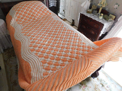 Peach Creamsicle Vintage Chenille Bedspread, 100% Plush Cotton, Twin Size Cotton Bedding