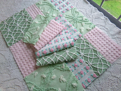 secret garden chenille fabric squares, 16 vintage 6" quilt blocks in pink & green, for sewing, crafts, fiber arts