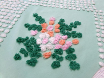 jade green floral vintage chenille fabric: handmade antique cotton sewing material for quilting, crafts, 31" x 24" piece