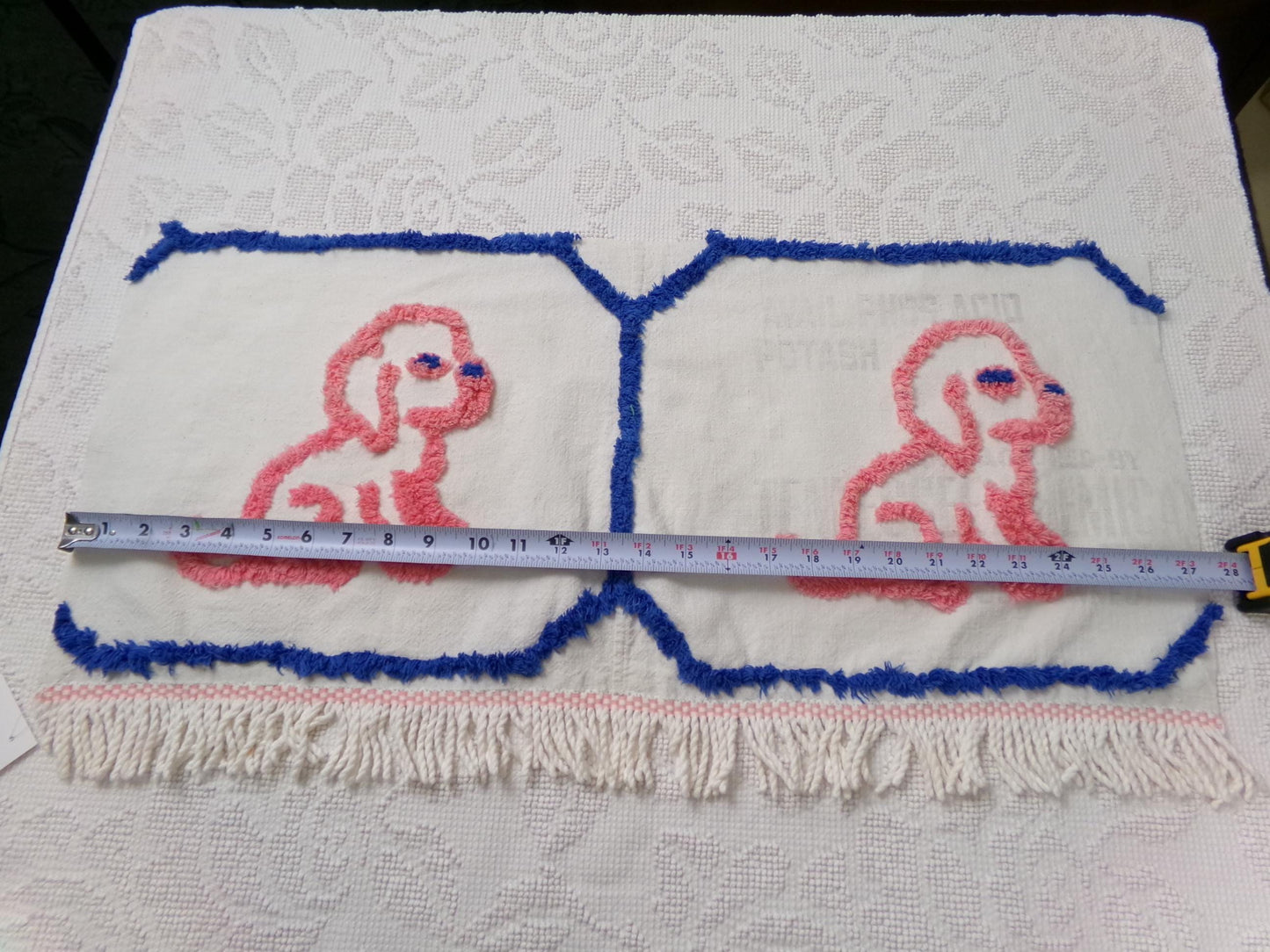 Pink Puppy Dog Vintage Chenille Fabric, Pair of Puppies on Cotton Feedsack, 12" x 26" Piece