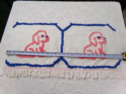 Pink Puppy Dog Vintage Chenille Fabric, Pair of Puppies on Cotton Feedsack, 12" x 26" Piece