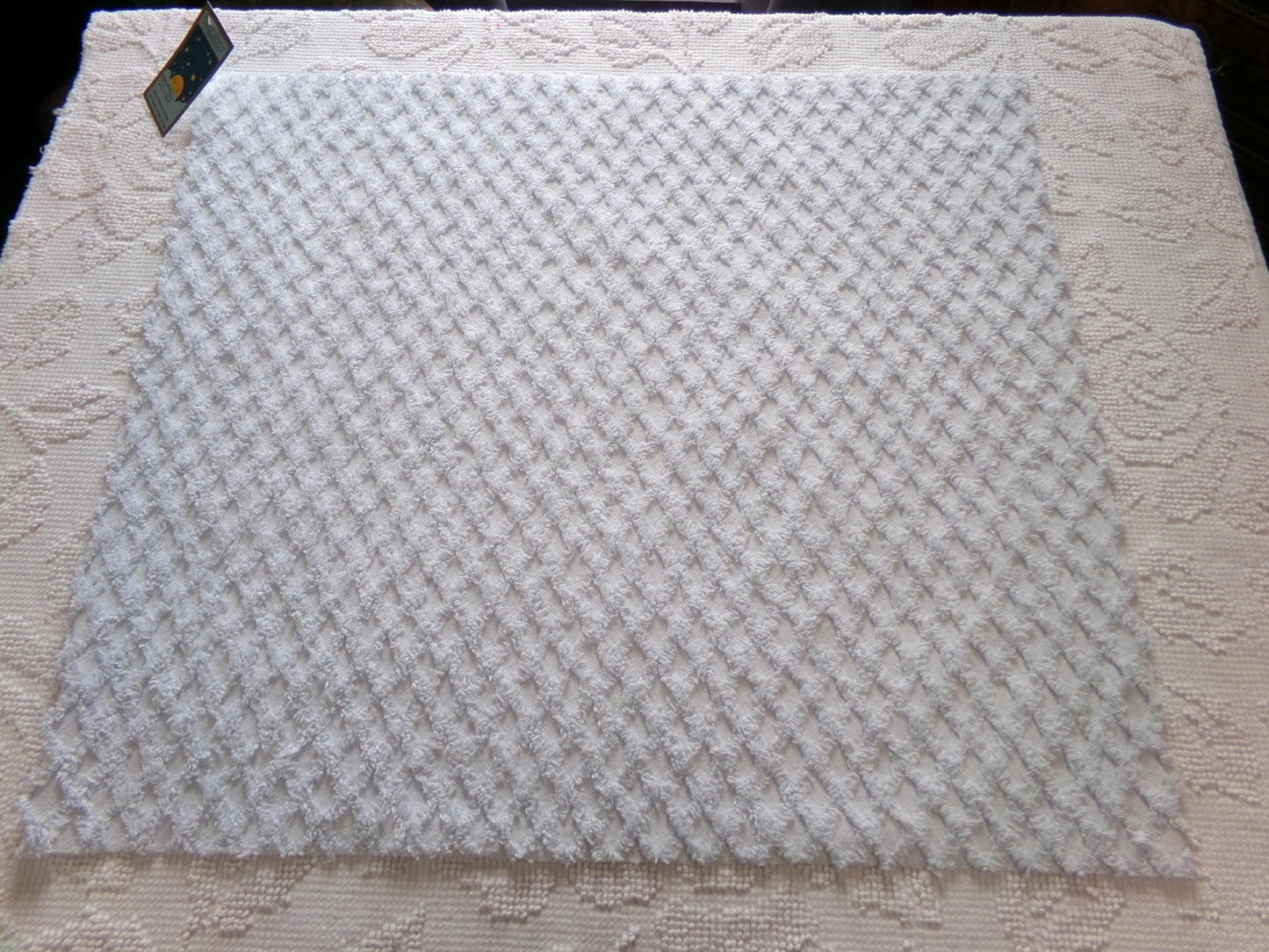 Vintage Cool Blue Chenille Fabric, diamond lattice pattern, sewing craft quilt material, 19" x 24" piece