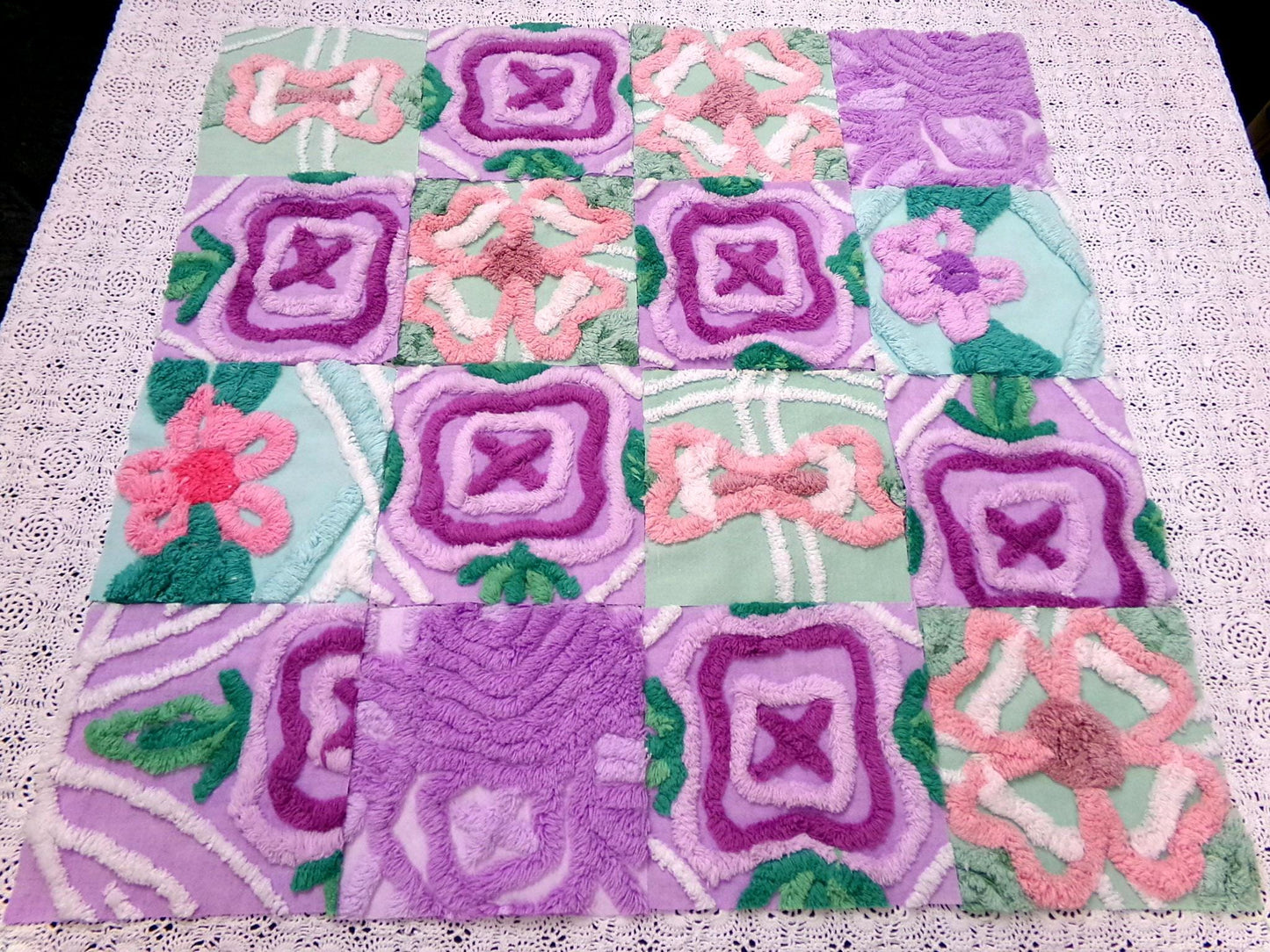 fabulous flowers vintage chenille fabric squares, set of 16 lavender green quilt blocks 6" ea