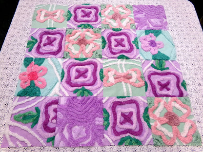fabulous flowers vintage chenille fabric squares, set of 16 lavender green quilt blocks 6" ea