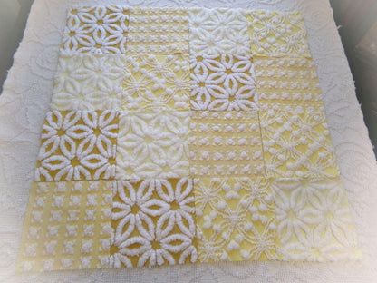 boho sunshine chenille fabric squares, set of 16 vintage quilt blocks 6" ea, natural sunrise yellow, white rosebud, golden harvest daisy