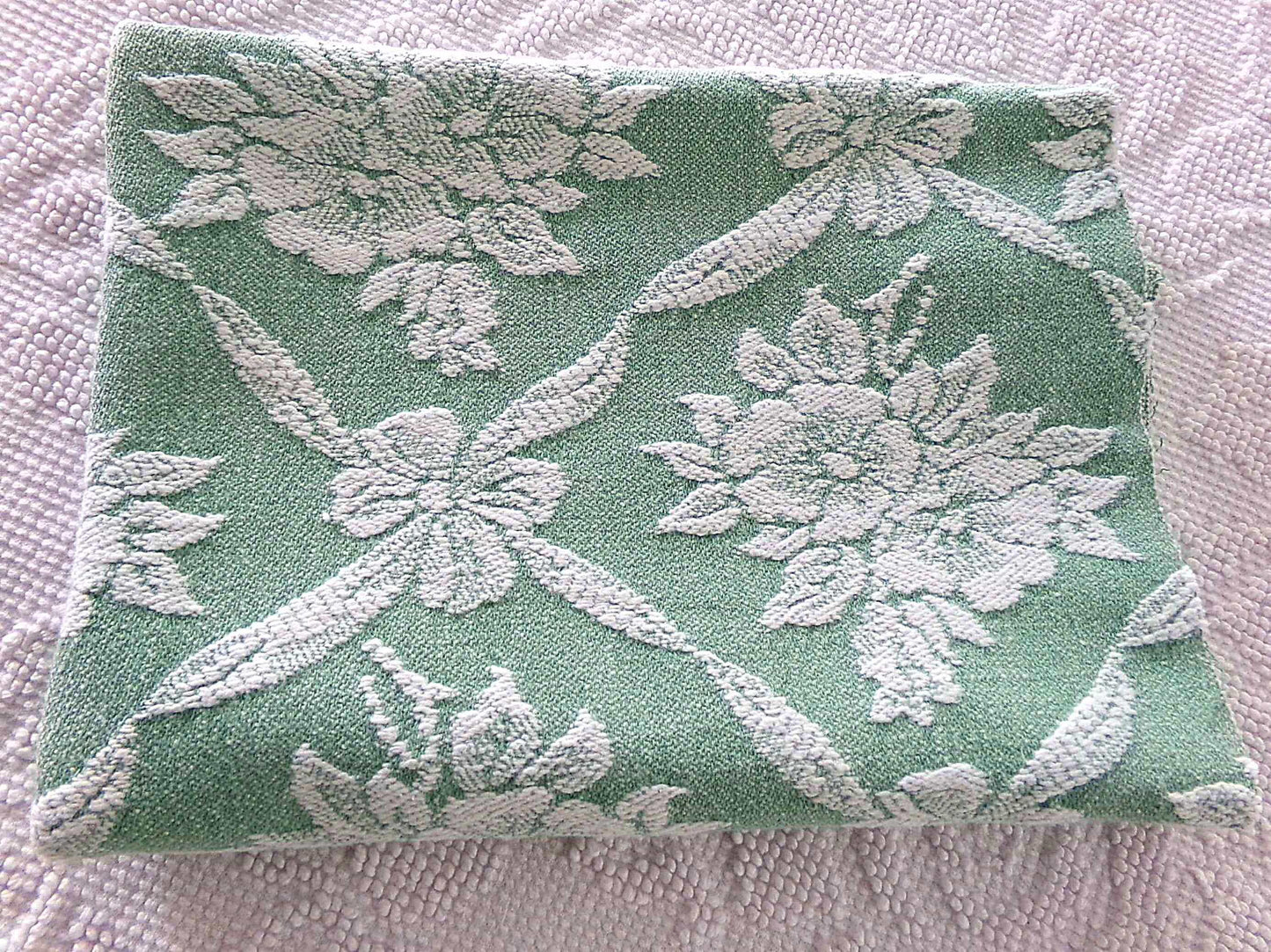 shabby cottage jade rose woven fabric, reversible sewing material from vintage bates bedspread, 20" x 30" inch piece
