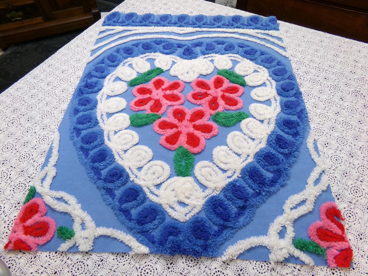 American Spirit Vintage Chenille Fabric Blue Floral Heart Scroll 19x24"