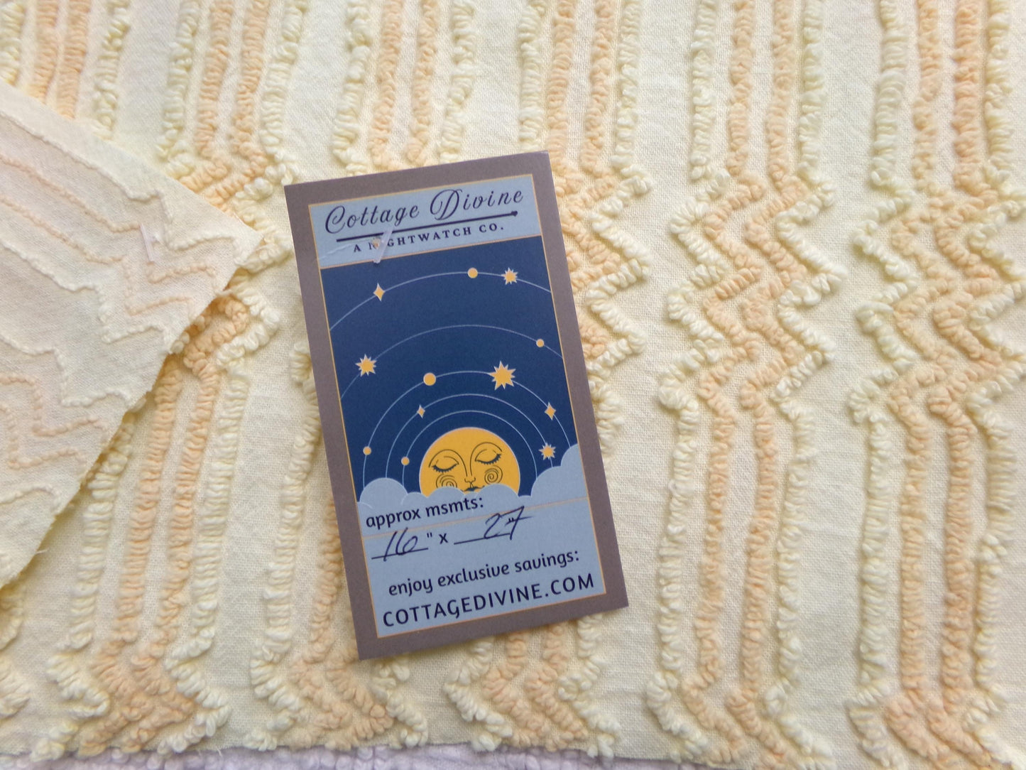 cosmic vintage chenille fabric in fantastic yellow lightning strike pattern, 16" x 27" cut fabric piece w/ needletuft zig zag zaps