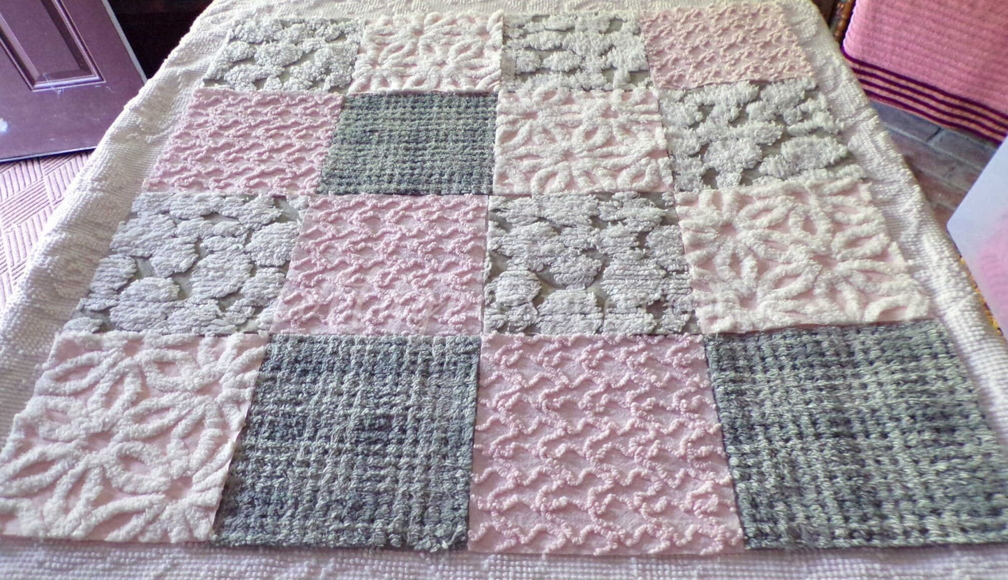 vintage 6" chenille fabric squares, set of 16 sophisticated grey & pink quilt blocks