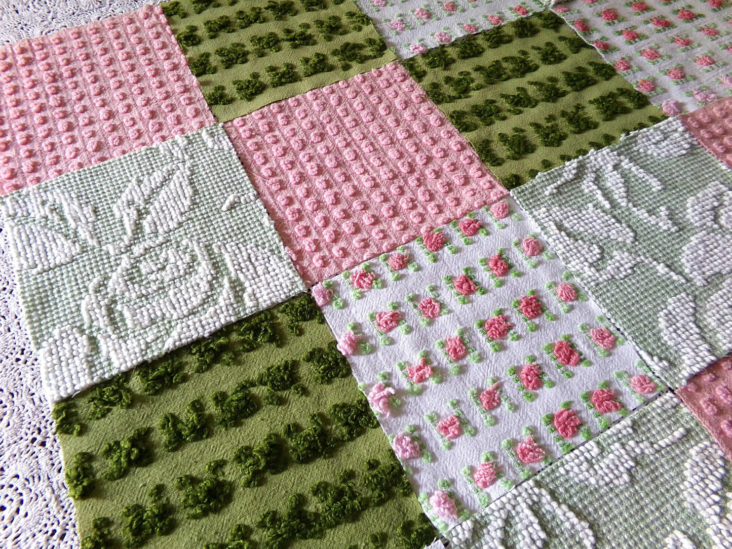 Olive & Rose Chenille Fabric Squares, Set of 16 Vintage Quilt Blocks, 6" x 6" inches each, for Quilting, Sewing, Pillows
