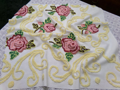 Cottage Pink Rose Vintage Chenille Fabric Shabby Scrollwork Sewing Quilt Material 27" x 24"