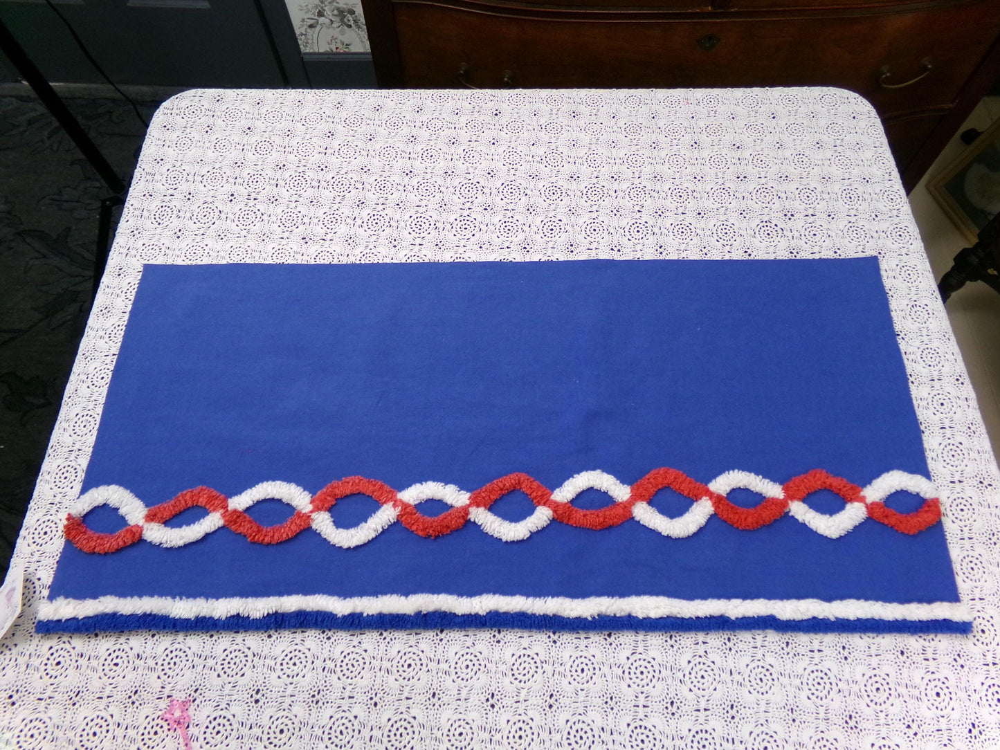 Nautical Rope Vintage Chenille Fabric, Red White & Blue 13" x 28" piece