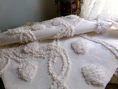 Fluffy Jumbo Pops Vintage Chenille Fabric, Shabby Chic Puffs, 21" x 25" inch Piece, Neutral Antique Cream for Pillows, Quilting